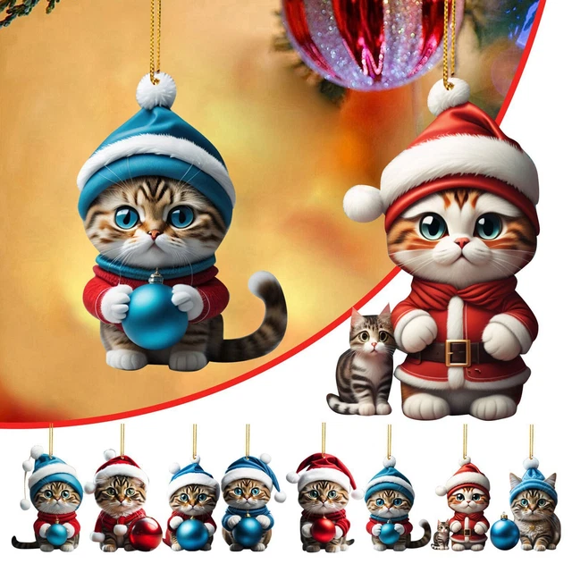 10pcs Cat Christmas Tree Ornament Double-Sided Kitten Acrylic Pendant Decoration