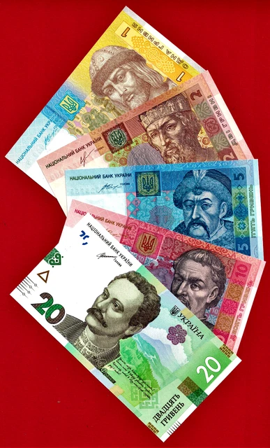 UKRAINE RARE SET of Five (5) UNC Notes 1, 2, 5, 1 0 & 20 Hryven Years: 2013-2021