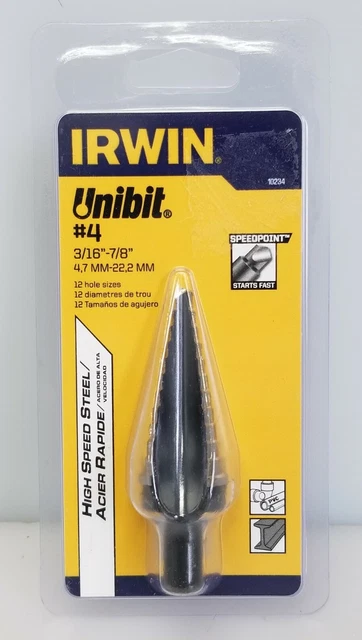 Irwin 10234 #4 Unibit Step Drill Bit, 3/16" - 7/8", Speed Point HSS USA NEW