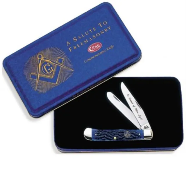 Case xx Masonic Trapper Knife Tin Gift Set Blue Bone Freemason Stainless 01058