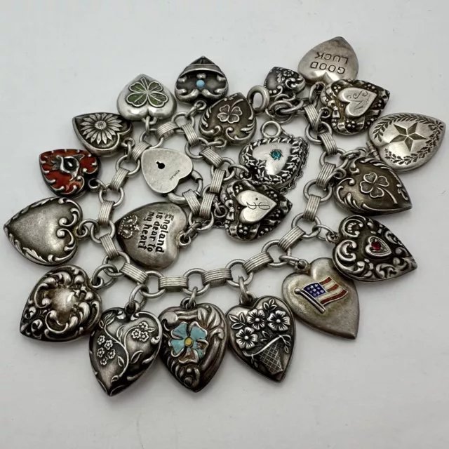 Loaded Vintage Sterling Silver Enamel Paste Puffy Heart Charm Bracelet