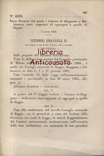 MUGGIANO E SELLANUOVA Soppressi Regio Decreto 1869 BAGGIO Originale Antico