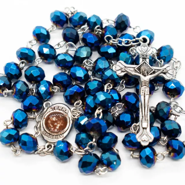 Deep Blue Crystal Beads Rosary Necklace Catholic Holy Soil Center Cross Crucifix