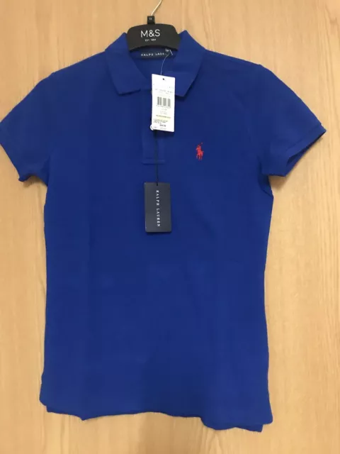 Polo neuf Ralph Lauren bleu foncé maigre avec logo rouge détail taille S unisexe