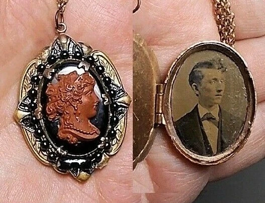 1 Antique Copper Cameo 1935 Locket Enamel Deco Black Tintype Picture GF Necklace