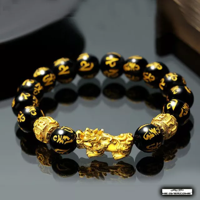 Men Bracelet Gold Feng Shui Stone Resin Beads Black Charm Unisex Jewelry Gift