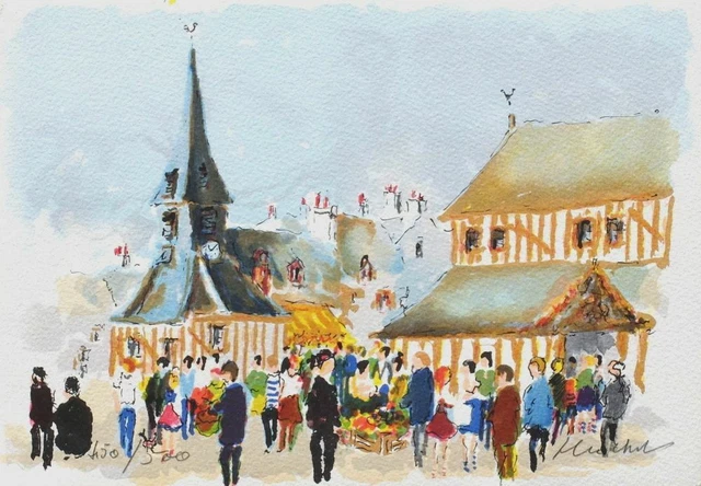 Urbain HUCHET JOUR DE MARCHÉ À HONFLEUR 1990 lithographie signée