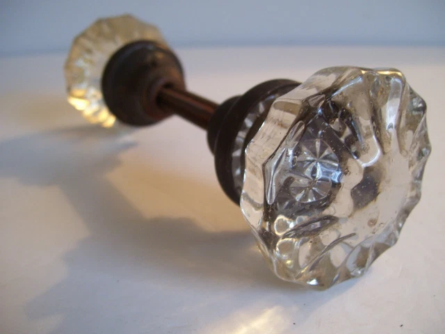 Antique/Vintage Salvaged 12 Point Clear Glass Door Knob Set w/Spindle