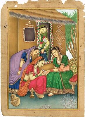 Moghol Miniature Ancien Peinture De Femmes Décoré Main Avec Heenah / Mehndi 2