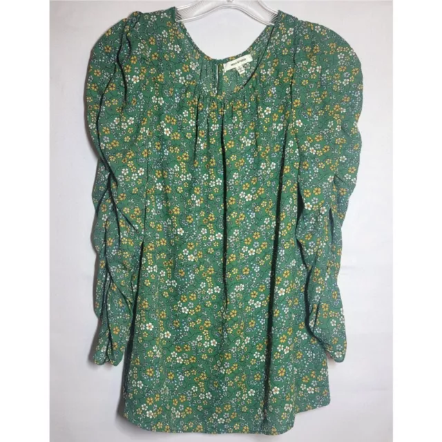 Max Studio Women's Top Size Small Green Floral Runched Long Sleeves Keyhole Back