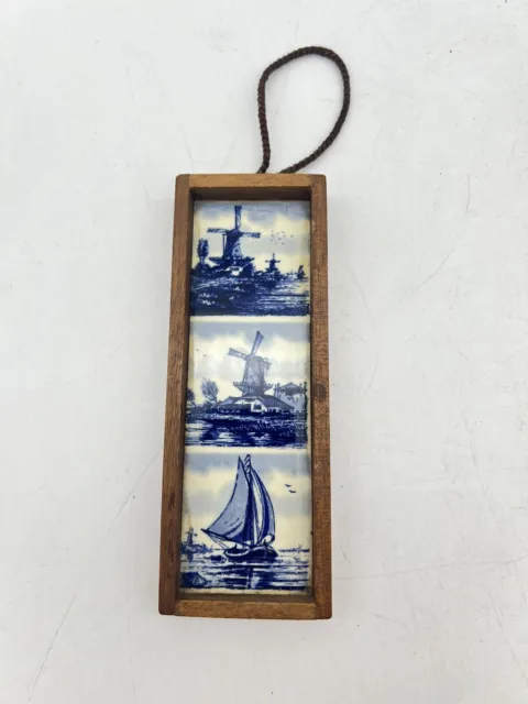 Royal Delft Blue Hand Painted Holland Wood Frame Windmill Sail Boat Porcelain