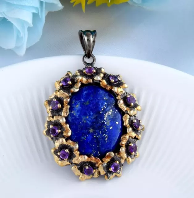 Art Nouveau Rose Gold Floral Lapis Lazuli Pendant Solid 925 Silver Black Rhodium