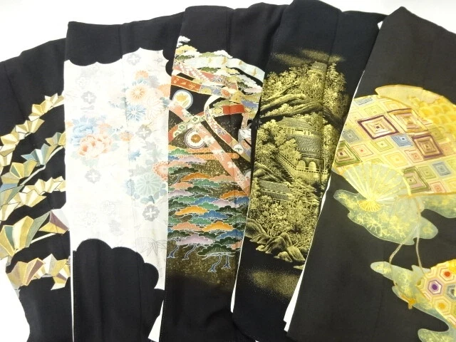 35989# Japanese Kimono / Antique Tomesode / Set Of 5