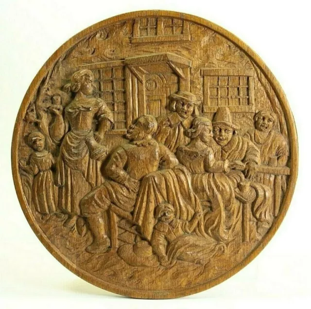 = Antique 19th c. Carved Wood Roundel / Plaque Bucolic Scene