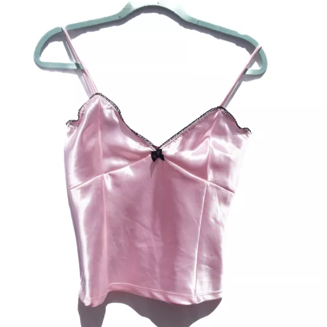 y2k vintage coquette pink satin tank top with black lace trim on the top size M