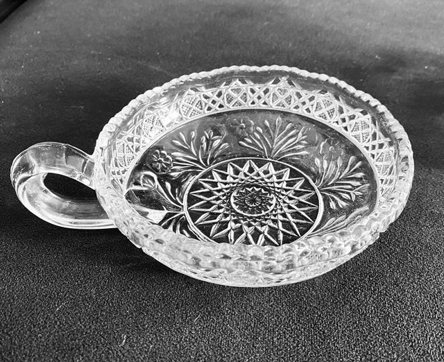 American Brilliant Period Cut Glass Nappy Shallow Bowl￼ w/Sawtooth Rim & Handle