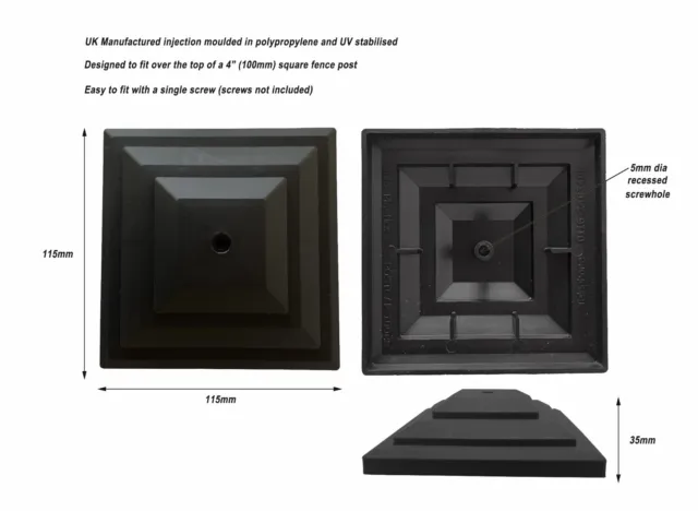 5er-Pack schwarze Kunststoff Zaunpfosten Kappen passend für einen 4 Zoll (100 mm) quadratischen Pfosten.  GT0048