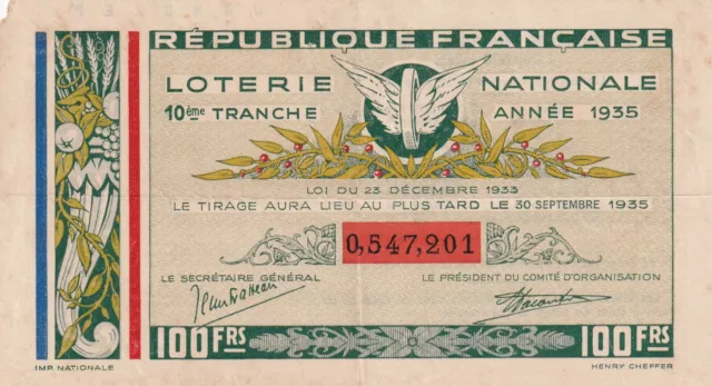 Lot de 6 billets de loterie nationale 1935