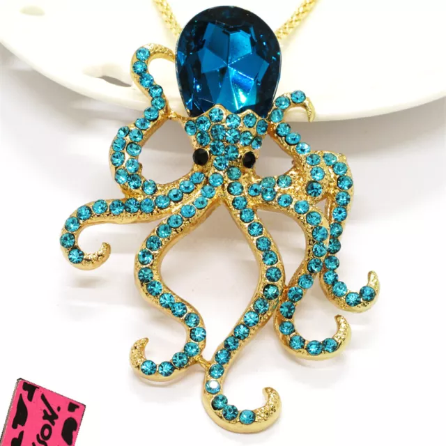 Hot Betsey Johnson Blue Rhinestone Cute Octopus Crystal Pendant Chain Necklace