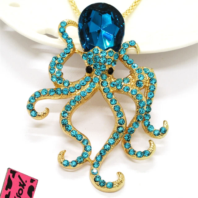 Hot Betsey Johnson Blue Rhinestone Cute Octopus Crystal Pendant Chain Necklace