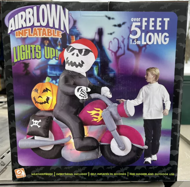 New Airblown Inflatable Halloween Skeleton on a Motorcycle Gemmy Rare Pumpkin 5f