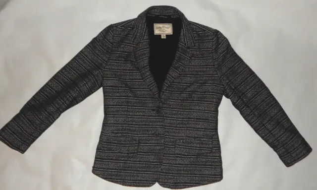 Lucky Brand Jacket Womens 2  Black Gray Blue Striped Tweed Blazer Coat EUC