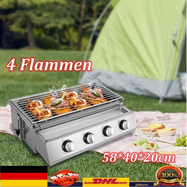 Edelstahl Brenner 4 Flammen LPG Gasgrill Gasbräter Gas Grill Gastro Tischgrill