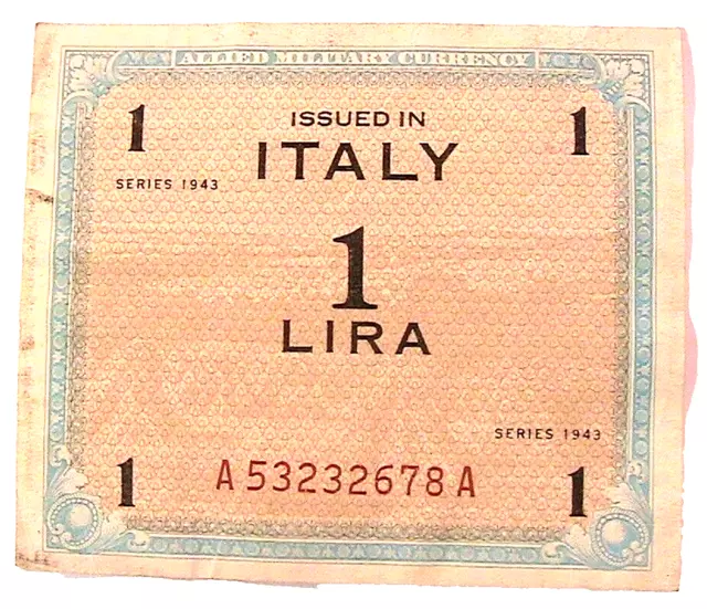 1943 Italy 1 Lira Ch VF Italian WWII Banknote Italia Currency Paper Money P-M10