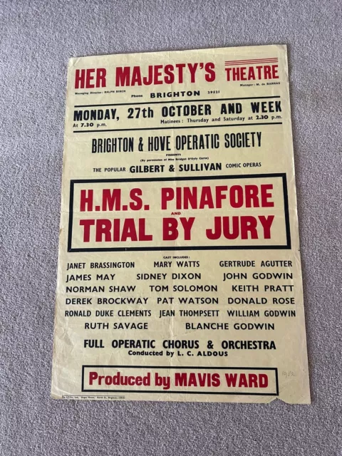 Original H.M.S Pinafore Poster 1952 Her Majesty's Theatre Brighton