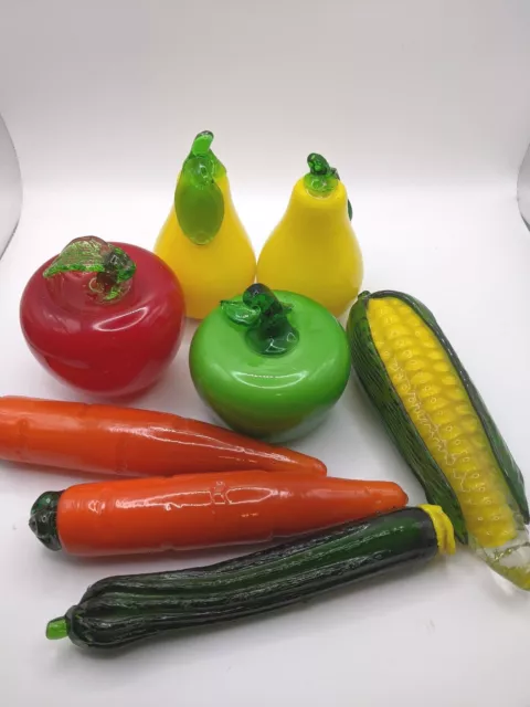 8 Piece Art Glass Hand Blown Fruit And Vegetables Corn Carrots Pears Zucchini