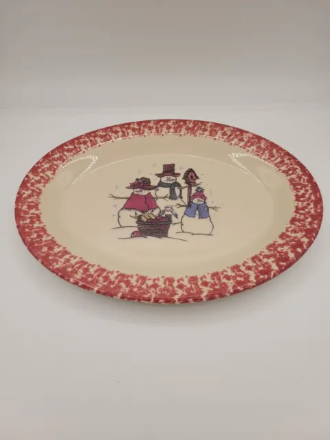 Roseville Cranberry Pink Spongeware Gerald E Henn Snowman Platter