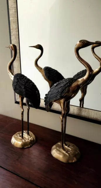 Mid Century Beautiful Detailed Set Of Heavy Collectible Brass Bird Cranes Heron