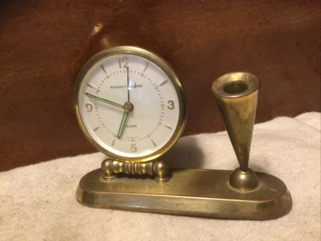 Vintage Brass Desk Top Pen Holder W/Phinney-Walker German Alarm Clock-Works