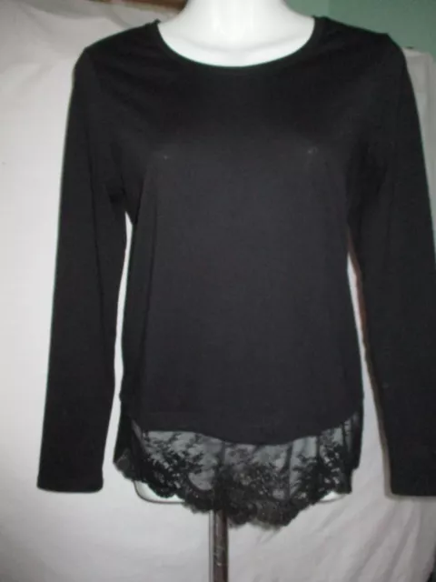 NWOT Women's Lord & Taylor Black top Long Sleeve Cotton w/spandex Lace Hem XS