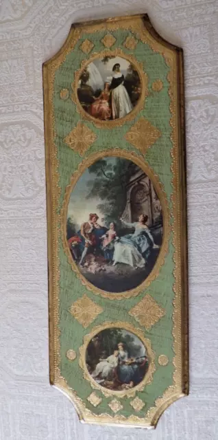 Vintage Italian Florentine Gold Gilded Wall Plaques Art Scenes 16x4 Inch Italy