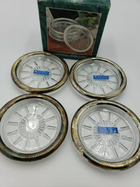 Vintage Set Of 4 International Silver Company Glass/Silverplated Rim Coasters