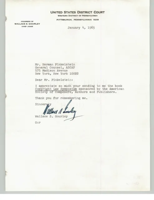 Judge Wallace S Gourley Sign Herman Finkelstein Letter District Court ASCAP '65