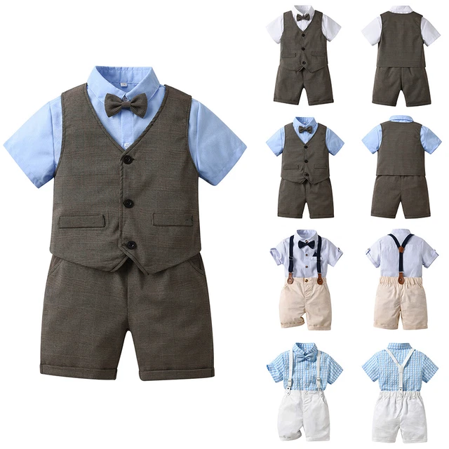 Kids Boys Gentleman Formal Suit Baby Shirts Vest Shorts Wedding Party Outfit Set