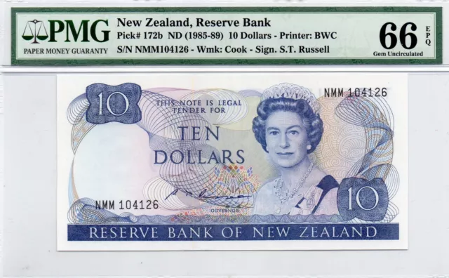 1985-89 New Zealand 10 Dollars "Elizabeth Ii" Pmg 66 Epq Gem 1 Finer Nmm 104126