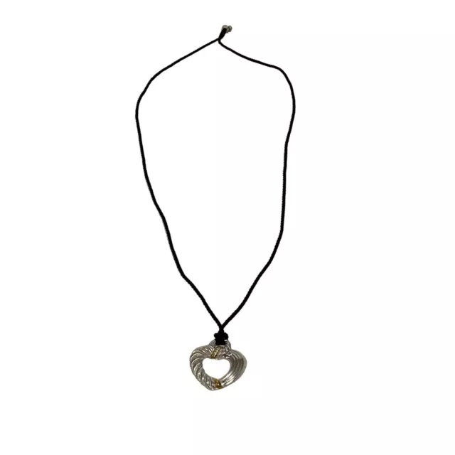 Judith Ripka 2 Tone Sterling Silver CZ Heart Necklace with Adjustable Silk Cord