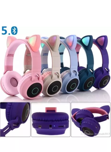 Cuffie Gatto Bluetooth Per Bambini Musica Tv Gaming Ps5 Wireless Senza Fili Led