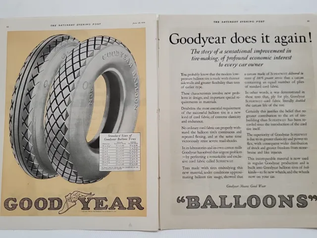 1924 Goodyear Balloon Tires S. E. Post Print Ad Winged Foot 2-Pages