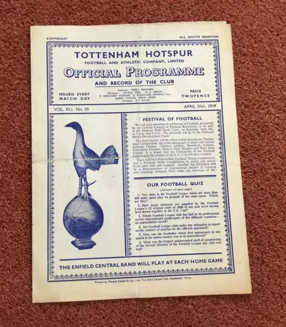 Tottenham Hotspur v Fulham football programme, divn. 2, 1949