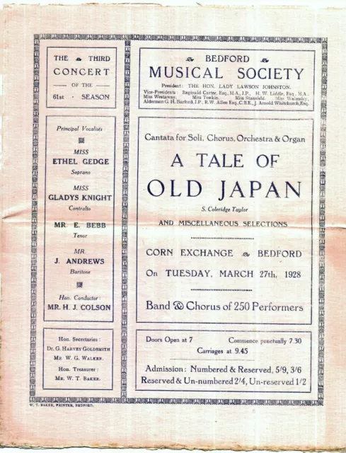 1928 Bedford Musical Society Concert Programme A Tale Of Old Japan