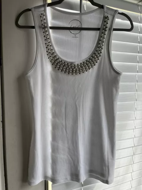 INC International Concepts White Tank Top Rhinestone Pearl Collar Size XL