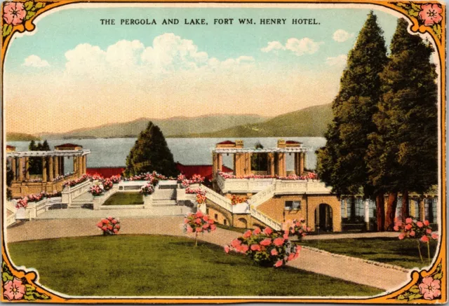 LAKE GEORGE NY – Fort William Henry Hotel The Pergola and Lake – Adirondacks
