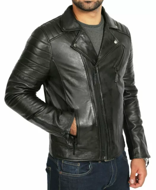 URBAN Men's Genuine Lambskin Leather Jacket Biker Motorcycle Slim Fit Black Coat