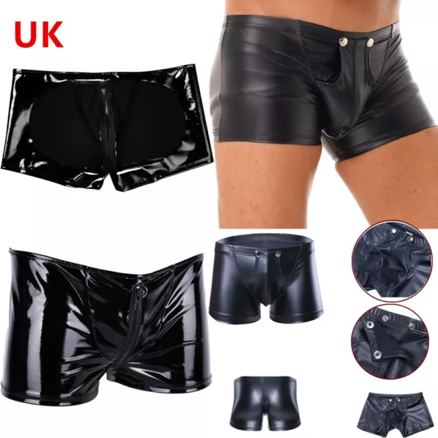 UK Sexy Men Black Lingerie Faux Leather Shorts Underpant Press Button Underwear