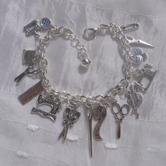 BELLE COUTURIÈRE - BRACELET ARGENTÉ 16 BRELOQUES machine à coudre fil aiguille 3