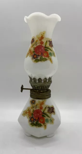 Vintage Miniature Oil Lamp - White Milk Glass Floral Shade GWTW